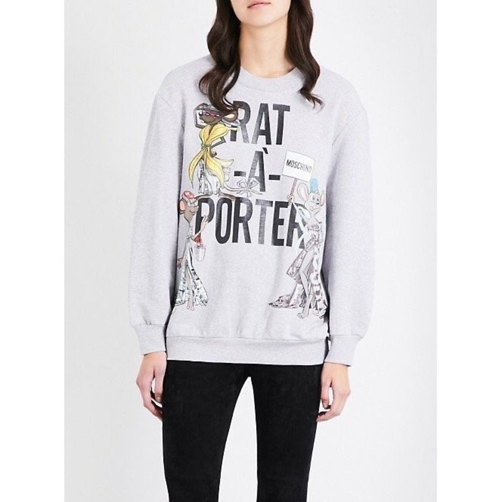 Moschino Couture Jeremy Scott Rat-A-Porter Graphic Sweatshirt Gray FW 2017  US 4